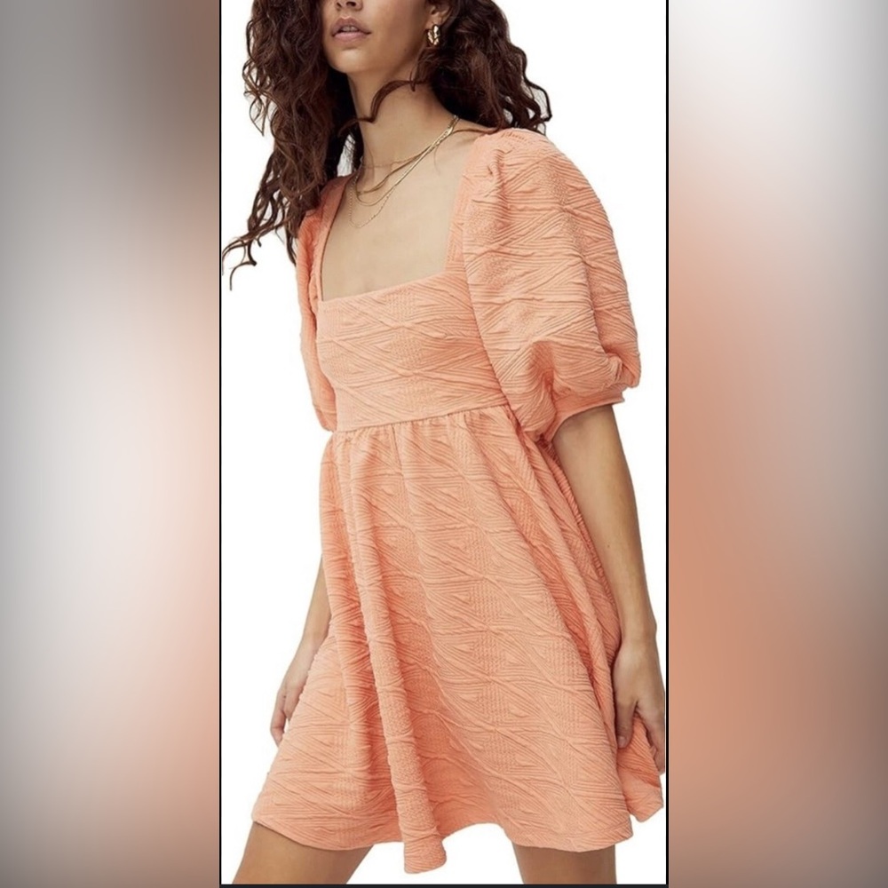 Free People Violet Short Puff Sleeve Mini Dress in Grapefruit Peach Medium